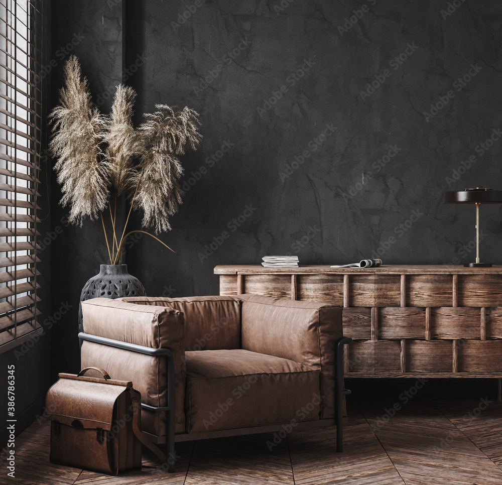 Fototapeta premium Modern industrial interior with leather furniture, luxury office, 3d render