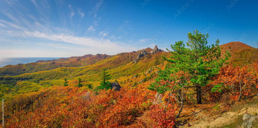 Golden autumn in the taiga mountains of the Primorsky territory of Russia