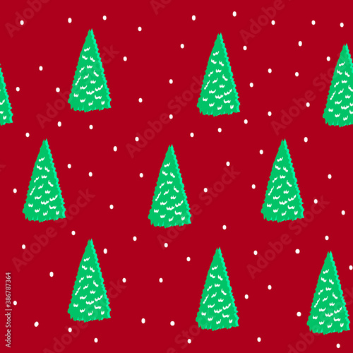 Seamless hand drawn pattern for christmass or new year with cute pine tree and snowflakes on red background,template for textile,wallpaper,packaging and wrapping paper, cover design,holiday decoration © Maryna