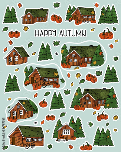 Brown scandinavian greenlandian wooden houses, trees, forest, maple leaf, spiders, cobweb, grass on the roof with white borders and Happy autumn text, can be used as seamless pattern photo