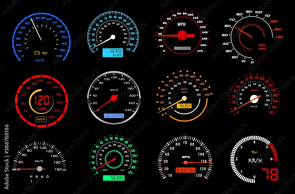 Car dashboard speedometer or speed meter dial vector icons of auto racing  sport. Motor vehicle gauges or counters of car instrument panel, colorful  dial scales, odometers, PRND, oil, battery displays Stock Vector