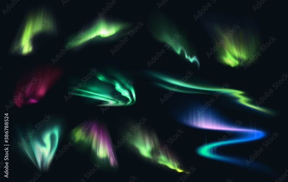 Aurora northern, polar and southern lights realistic vector on night sky background. Aurora polaris, borealis and australis with green, blue, pink and purple neon lights, shining rays and swirls - obrazy, fototapety, plakaty 