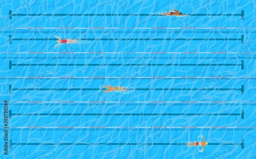Pool with swimmers on lanes top view, vector water sport design. Racing pool with swimming people, men and woman with swimwear and caps, blue water, stripped lane ropes and markings