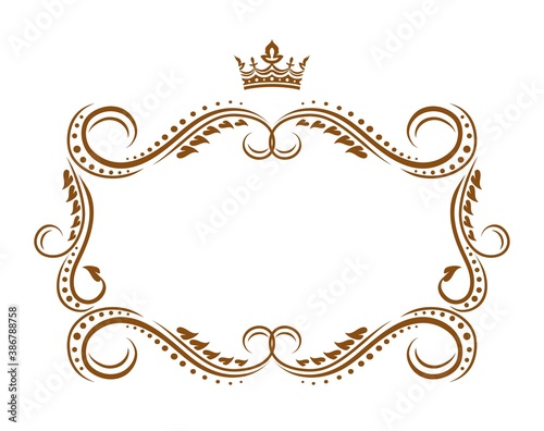 Royal frame with crown, medieval vector embellishment border with flourishes ornament. Elegant vintage template for wedding invitation, decoration in heralding style isolated on white background