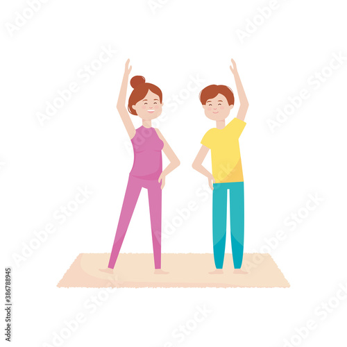 young couple together practicing yoga, activity indoor