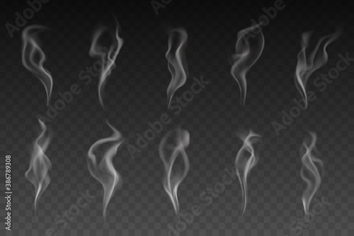 Smoke or steam isolated vector set. White smogs of cigarette, vapor waves or hot food or drink on transparent background. Magic haze or vapour texture, smoke of hookah, Realistic 3d mockup, elements
