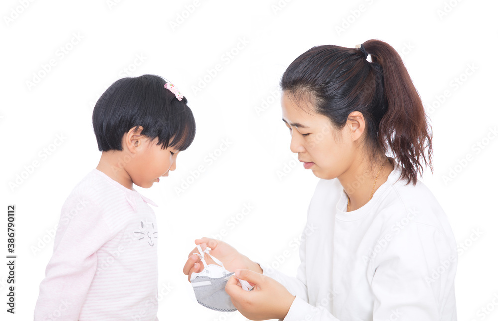 Daughter and mother are analyzing how to wear masks Daughter and mother are analyzing how to wear masks