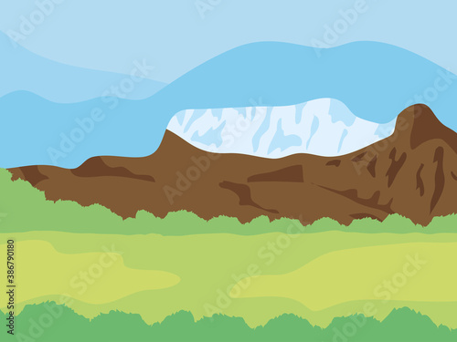 snow-capped mountains and brown rocks landscape, colorful design © Jeronimo Ramos