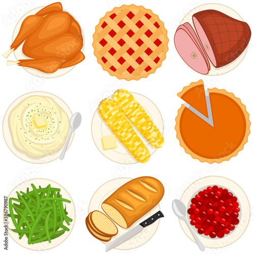Canvas Print Vector illustration of nine seasonal/holiday Christmas/Thanskgiving-themed foods: a turkey, cherry pie, ham, mashed potatoes, corn, pumpkin pie, green beans, bread and cranberries