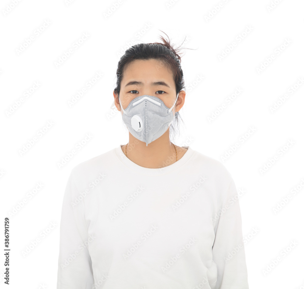 Lady wearing mask in front of white background Lady wearing mask in front of white background