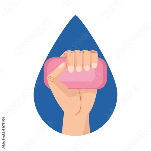 hand with soap bar product in water drop