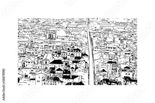 Building view with landmark of Bologna is the capital and largest city of Northern Italy. Hand drawn sketch illustration in vector.