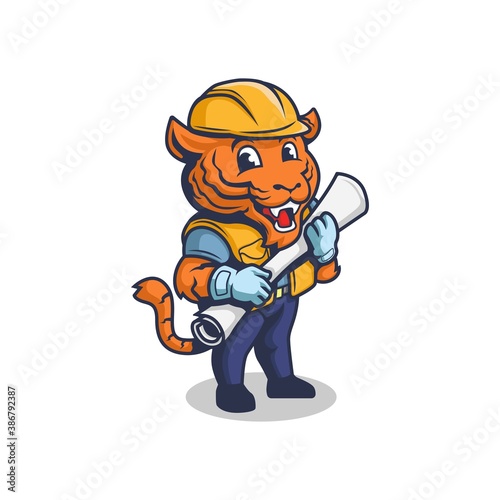 tiger Cartoon retro vintage contractor or construction worker character mascot logo. vector illustration