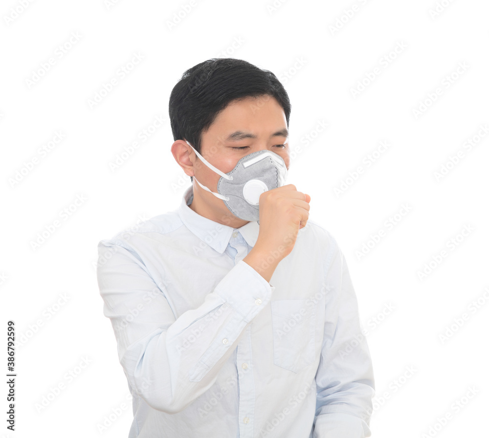 Man wearing a mask is coughing