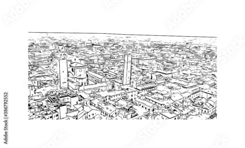 Building view with landmark of Bologna is the capital and largest city of Northern Italy. Hand drawn sketch illustration in vector.