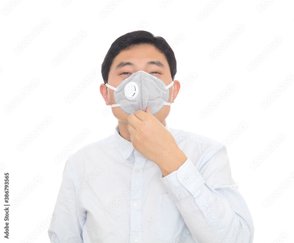 Man wearing N95 mask in front of white background Man wearing N95 mask in front of white background