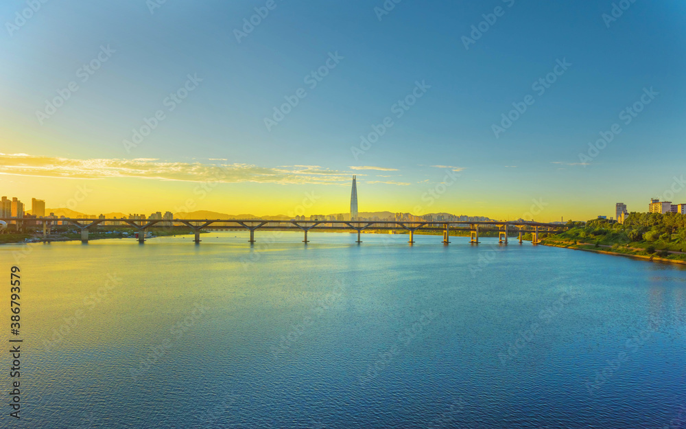  morning at han river and skyline of Seoul, The best view of South Korea 