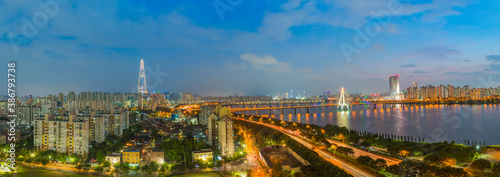 twilight of Seoul city South Korea. best view at Han River and bridge