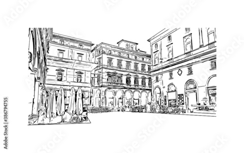 Building view with landmark of Bologna is the capital and largest city of Northern Italy. Hand drawn sketch illustration in vector.