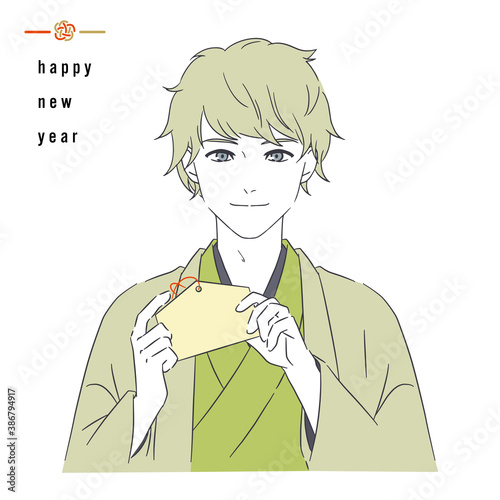 絵馬を持つ着物姿の男性のイラスト
