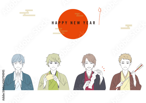 新年　初詣　着物姿の男性のイラスト