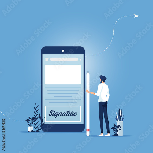 Electronic contract or digital signature concept, Digital signature concept. Businessman signing on smartphone screen, Signing of contract on digital, E-signature, Business or electronic contract