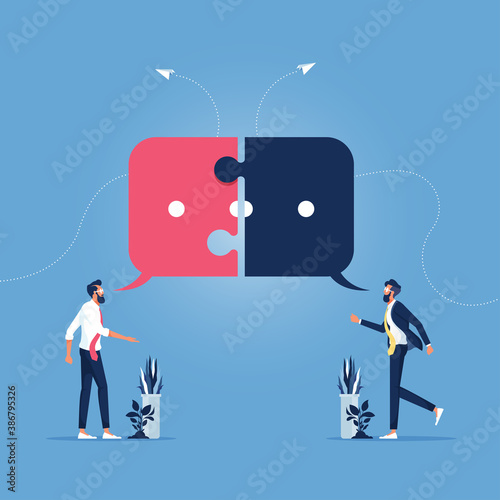 Failed communication-Unsuccessful messaging concept, Two businessman with jigsaw speech bubble disagree and fail to communicate
