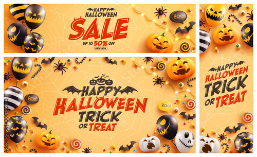 Set of Halloween Sale Promotion Poster with Halloween Ghost Balloons on Orange background.Scary air balloons.Website spooky or banner template
