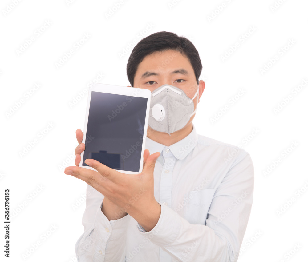 Men wearing masks are using ipad introduction Men wearing masks are using ipad introduction