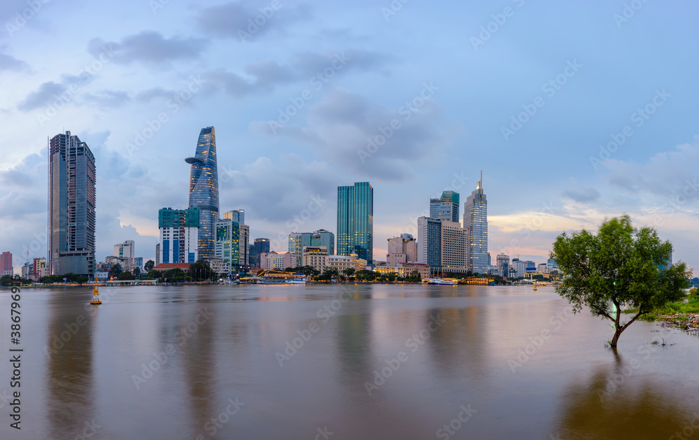 Panoramic view of Hochiminh city, Vietnam from across the Saigon River.