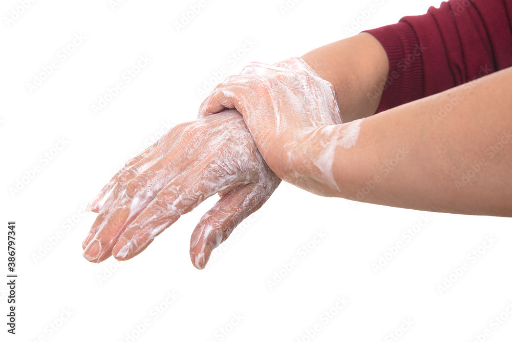 Fototapeta premium Closeup of washing hands before white background