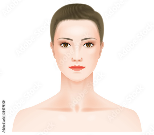 濃い目の化粧をした女性の正面の顔.