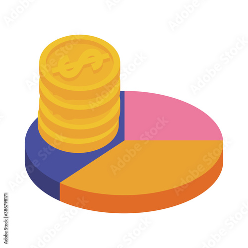 statistics pie infographic with coins dollars