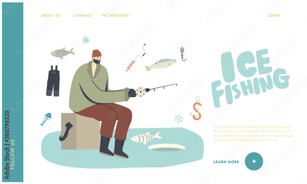 Man Fishing at Winter Landing Page Template. Fisherman Male Character Sitting on Box with Rod on Ice Floe Has Good Catch