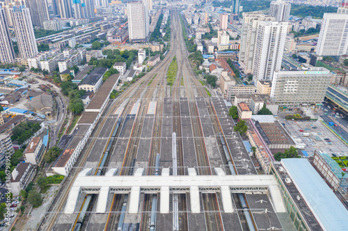 Photography aerial view of the city and train station and high speed train