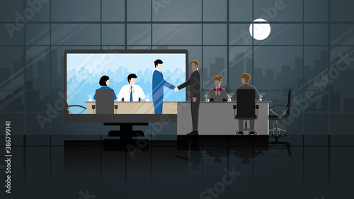 Online business partner in difference time zone concept. Joint venture in teleconference meeting room from workplace to another office. Greeting businessman handshake with team employee agreement.