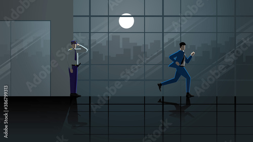 Hurry up businessman go back home run and leave from his office building at dark night and full moonlight. City lifestyle of work hard late overtime and overwork. Goodbye salute security officer scene