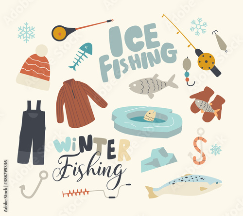 Set Icons Winter Fishing Theme. Hole in Floe, Fish and Rod, Hook, Bait and Mittens, Warm Clothes and Fisherman Equipment