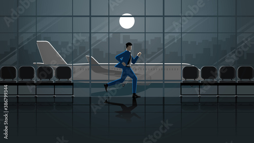 Hurry up urgent concept of Businessman run for flight in international airport terminal at dark night and full moonlight. Business trip city lifestyle of work hard overtime and overwork occupation.