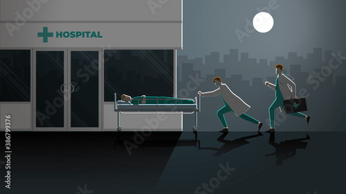 Emergency concept. Two doctors run and push sick patient sleep on bed to hospital at night. Rush hour medical lifestyle urgent case in dark and full moon light. Career of work hard overtime alltime.