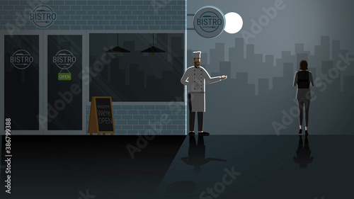 Economics crisis bistro restaurant. Small business owner chef beard man stand at shop for invite customer on pathway. Lonely in dark full moonlight. Lonely people in city scene. Vector concept scene.