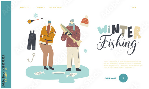Ice Fishing Wintertime Activities Landing Page Template. Fishermen Characters in Warm Clothes and Hats Fishing on Ice
