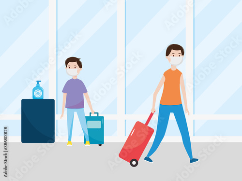 airport new normal, people with mask and suitcase, washing hands control