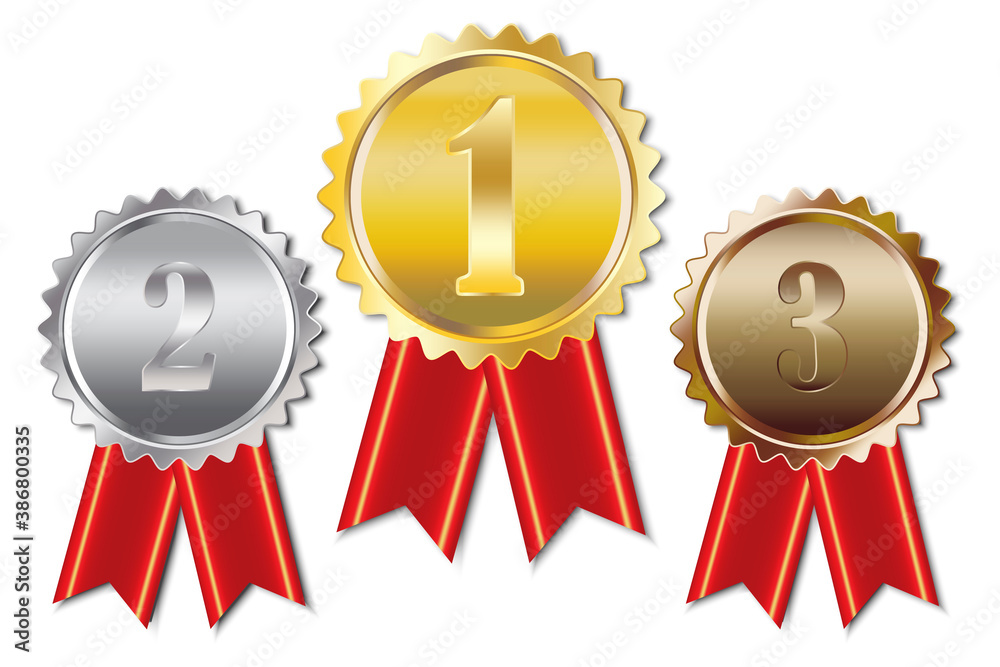 Vector illustration of gold silver bronze medals. First, second and third place awards. Prizes with ribbons. Stock image. EPS 10. Vector illustration of gold silver bronze medals. First, second and third place awards. Prizes with ribbons. Stock image. EPS 10.
