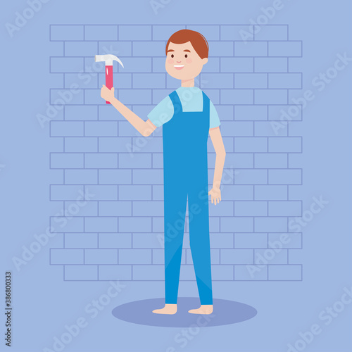 man carpenter or builder cartoon holding hammer remodeling