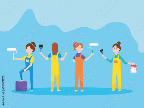 group young women with remodeling tools paint roller brush and bucket remodeling