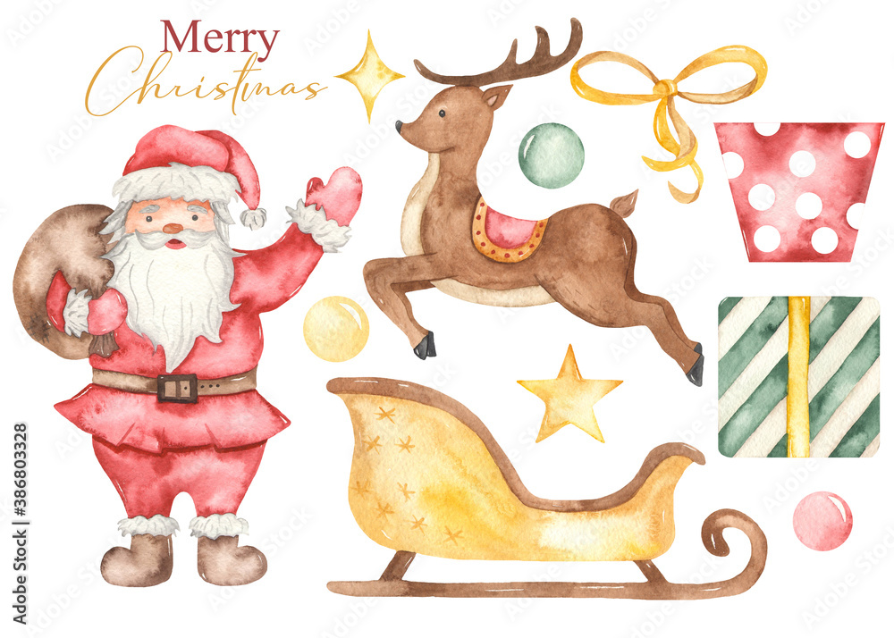 Santa claus, reindeer, santa claus sleigh, stars, gifts watercolor clipart merry christmas