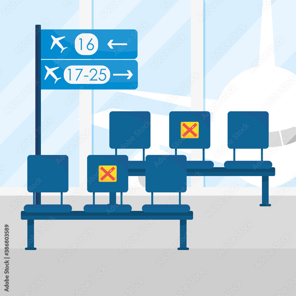 airport new normal, keep distance seats wait room, during covid 19