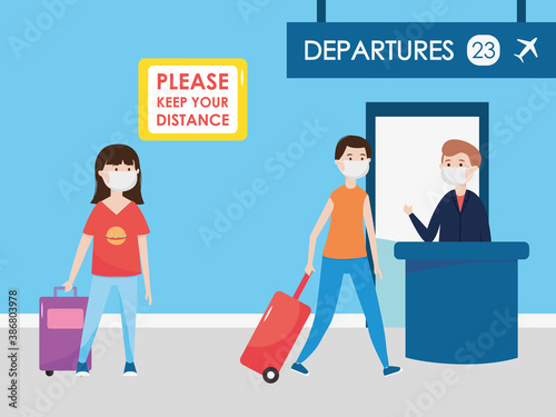 airport new normal, people wearing mask and social distancing queue for airline