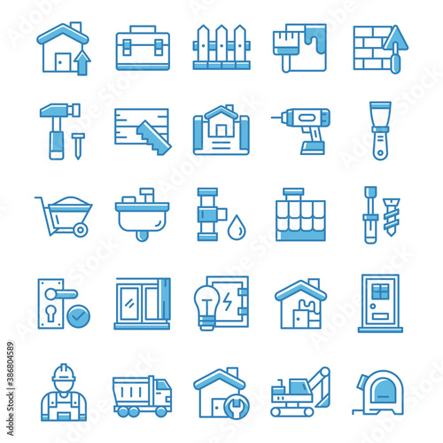 Set of Home and Renovation icons with blue style.